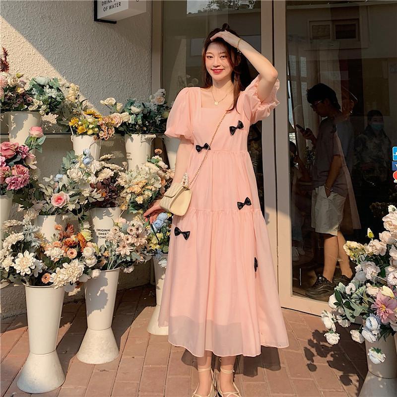 Đầm Tay Phồng Màu Sắc Đơn Giản Cho Nữ