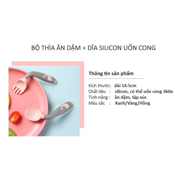 Thìa Cho Bé Tập Xúc, Bộ Thìa Dĩa Ăn Dặm Silicon Uốn Cong Cho Bé Tập Ăn (Có Hộp)