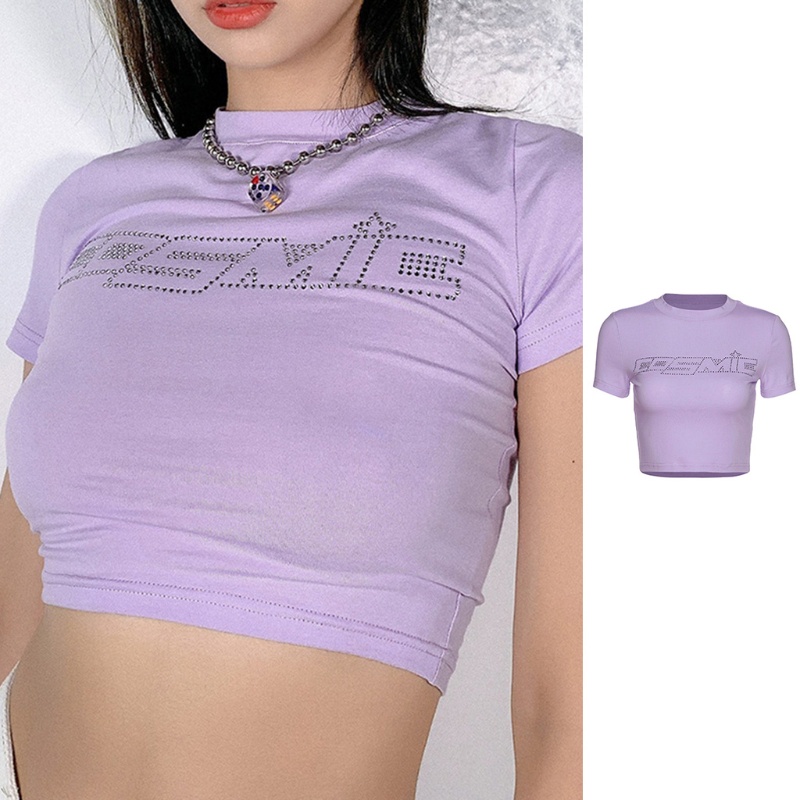 Áo Thun Crop Top Tay Ngắn Cổ Tròn Đính Đá Sáng Bóng Phong Cách Harajuku Thời Trang Mùa Hè Cho Nữ
