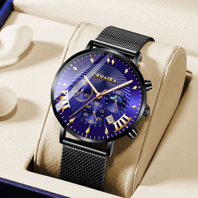 Đồng Hồ Nam Chính Hãng CRNAIRA Dây Thép Mành Cao Cấp, Phong Cách Doanh Nhân Sang Trọng, Có Lịch Ngày