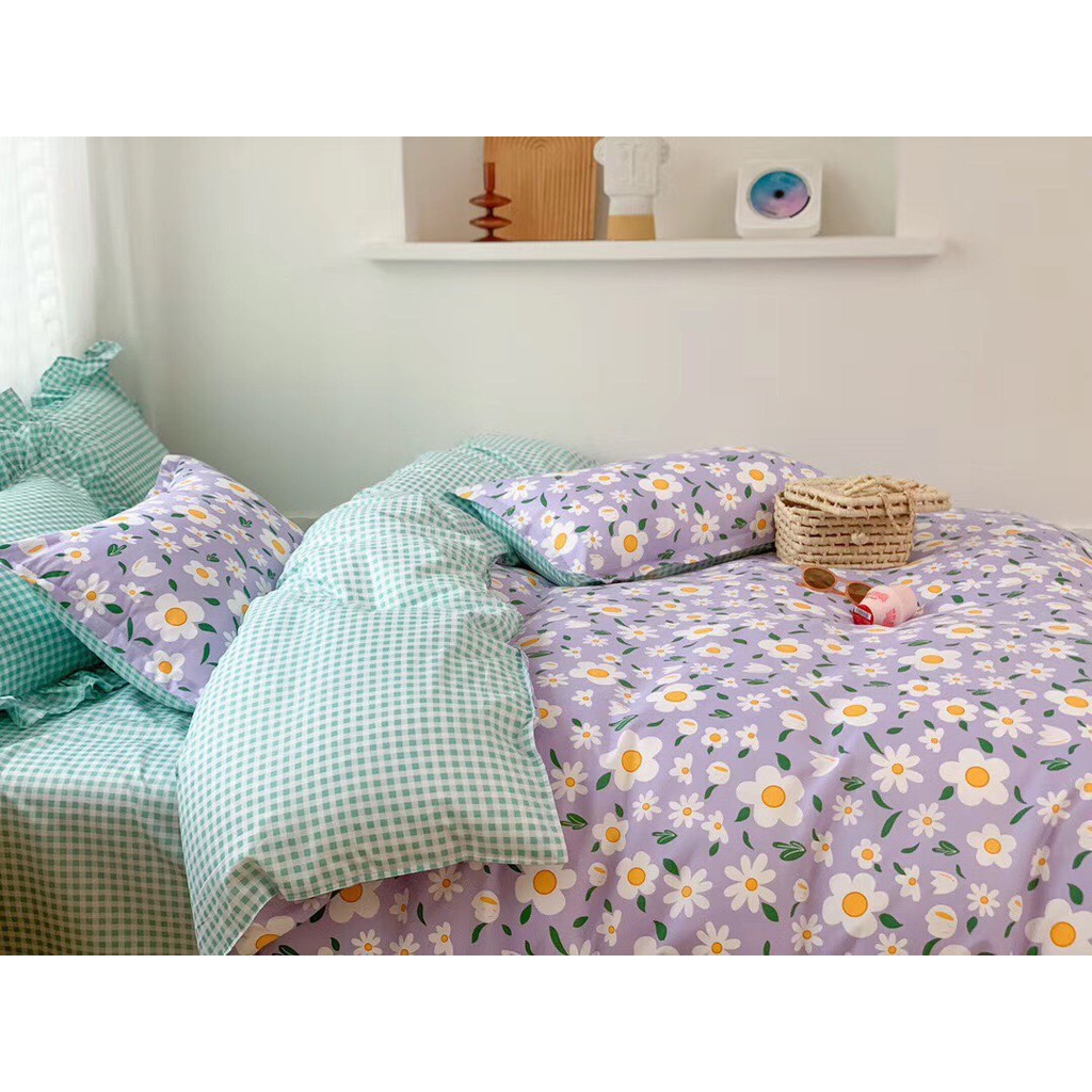 Bộ chăn ga gối Cotton poly M2T Bedding Hoa tím phối caro, vỏ chăn mền, drap nệm và 2 vỏ gối