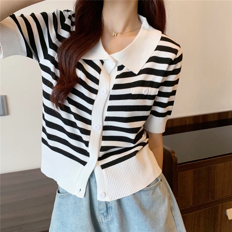 Áo Thun POLO Dệt Kim Tay Ngắn Kẻ Sọc Thiết Kế Trẻ Trung Cá Tính