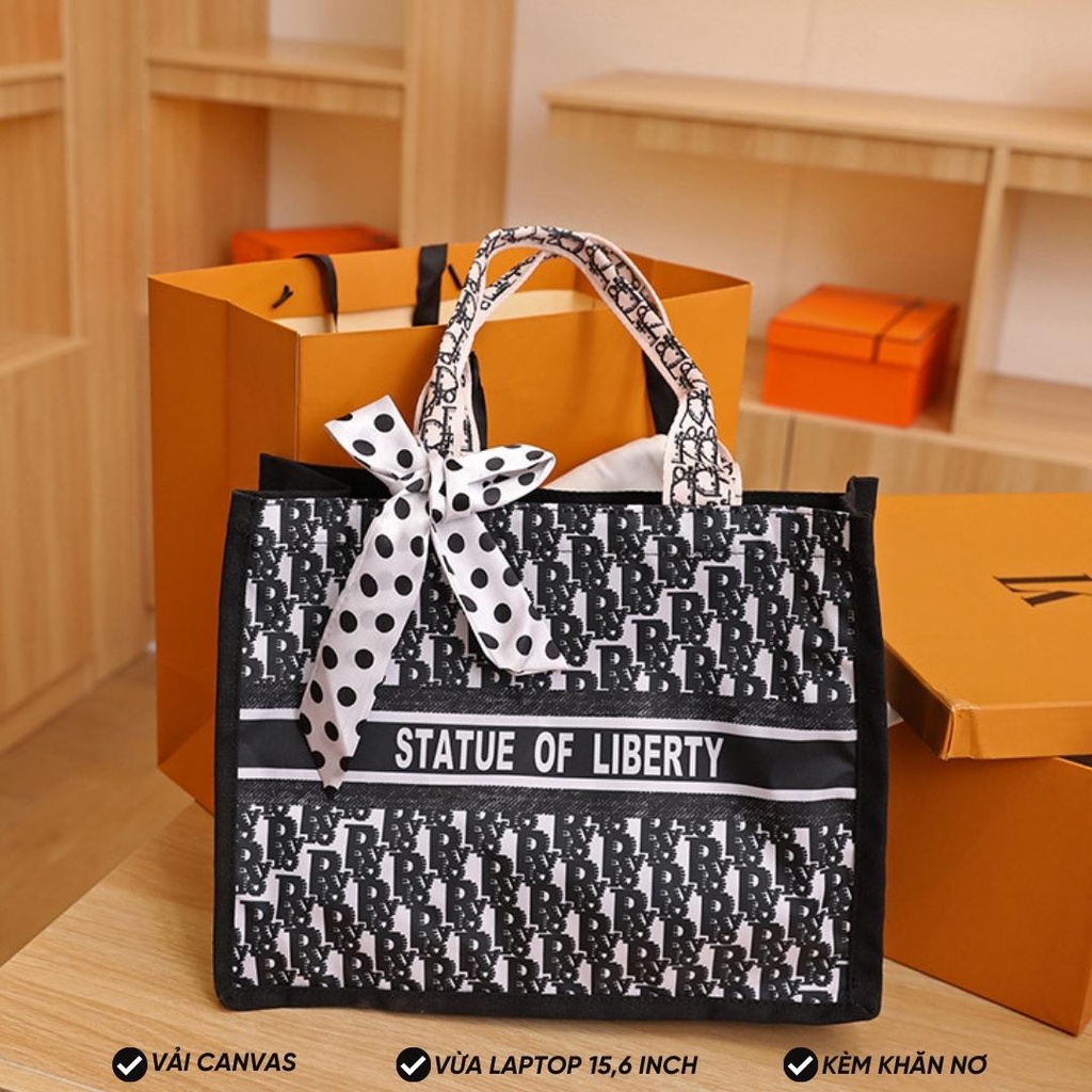 Túi xách nữ , túi tote công sở size to vải Canvas phối nơ thời trang Hàn Quốc TX12