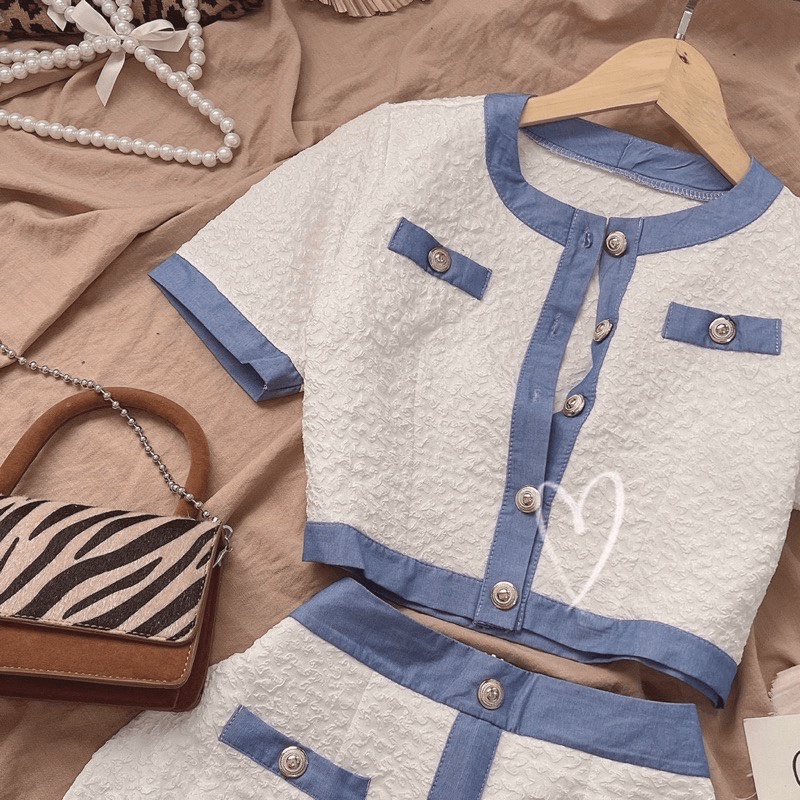 SET XỐP VIỀN XANH NÚT ÁO CROPTOP + CHÂN VÁY CÓ LÓT tnm shop 2022