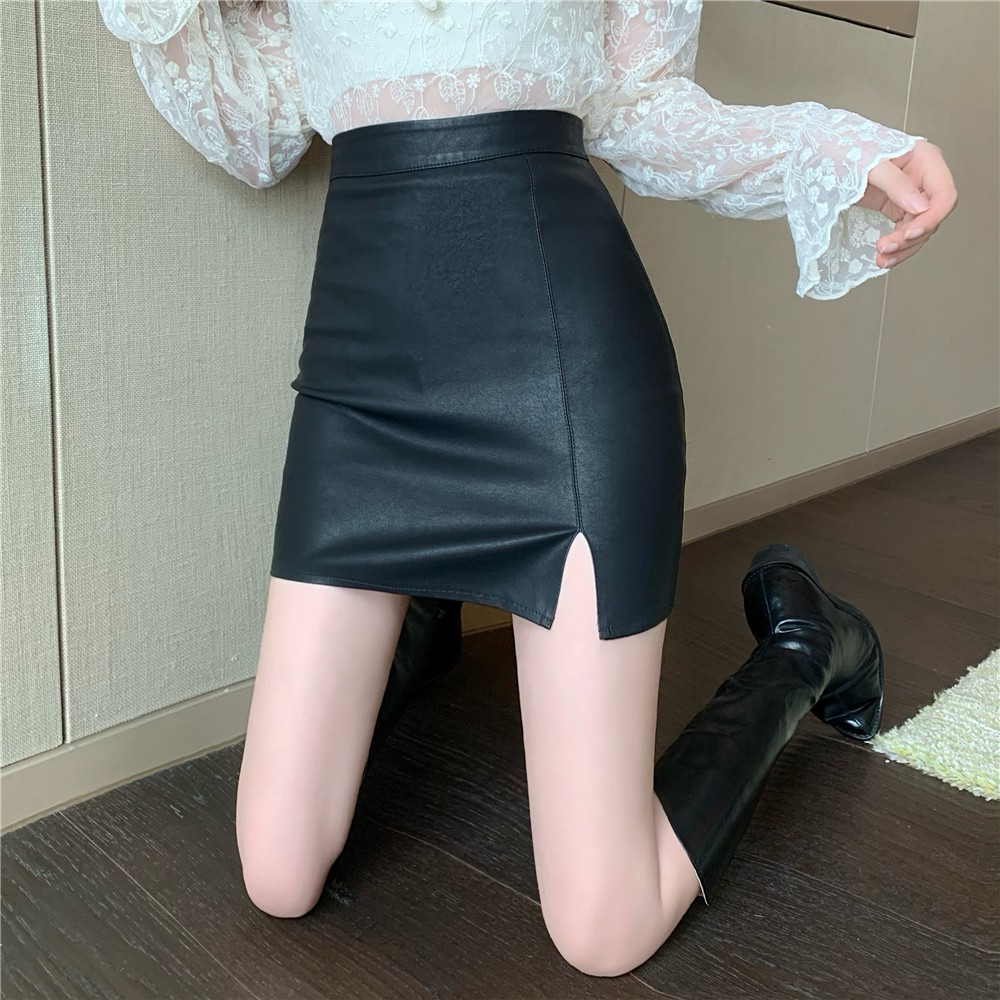 Chân váy da lưng cao màu trơn xẻ tà phong cách quyến rũ | BigBuy360 - bigbuy360.vn