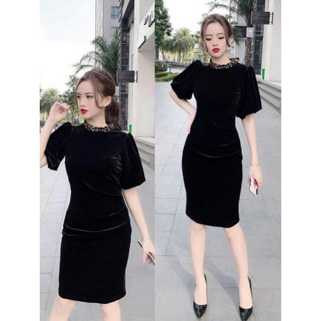 Váy nhung nhám cổ đá tay bồng