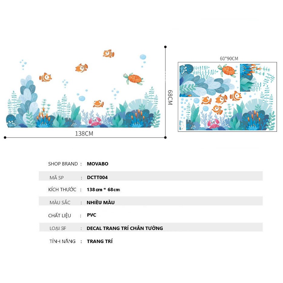 Decal trang trí chân tường phòng bé hình thế giới động vật dưới đáy biển kích thước 138x68cm