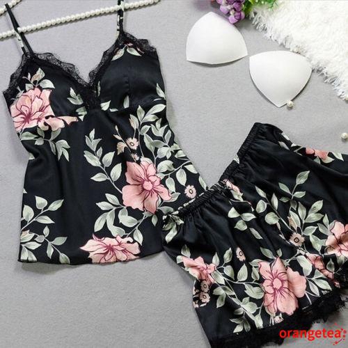 Bộ quần áo pajamas ngắn chất liệu vải lụa họa tiết hoa thời trang quyến rũ cho nữ