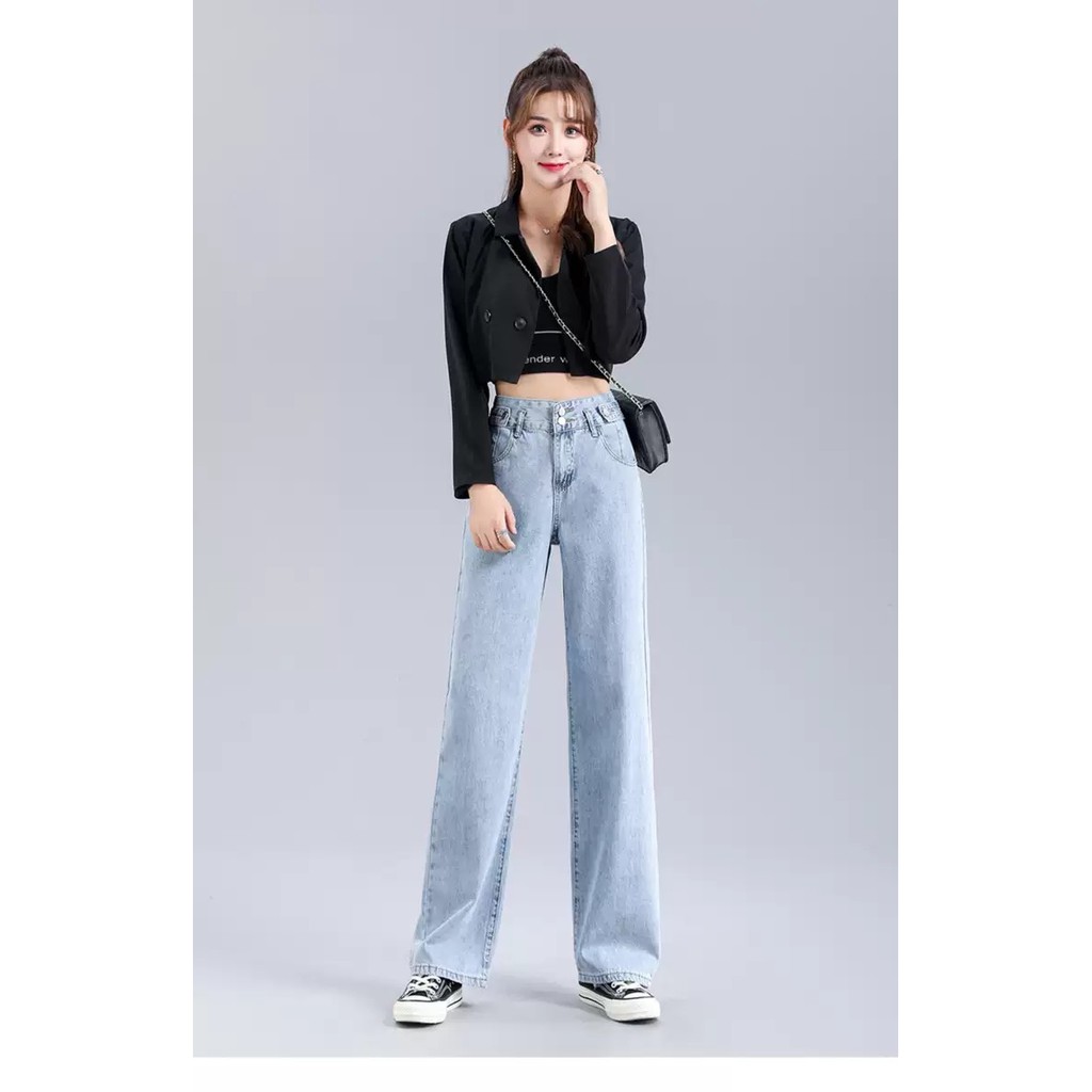 [ MƠN MỞN ] QUẦN JEAN ỐNG RỘNG NỮ LƯNG CAO 2 NÚT 2 ĐAI MÀU XANH NHẠT LAI CUỐN FORM DÀI RỘNG CAO CẤP BABO HOT CỰC HOT