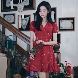 [BuFa] DX653 - Đầm Xòe Chấm Bi Đỏ Đắp Chéo Cột Nơ Eo