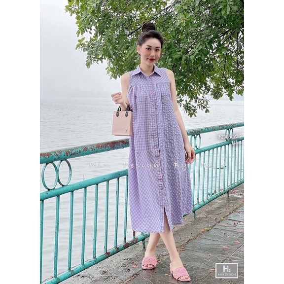 Đầm maxi caro suông cổ sơ mi sát nách