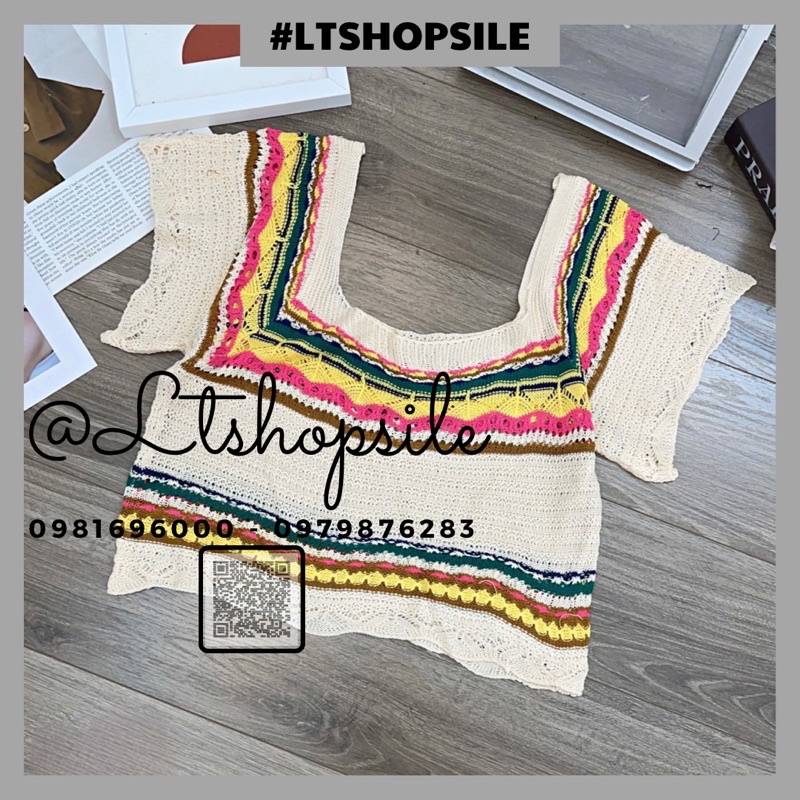 Áo len đan móc sợi cổ vuông tay ống rộng phối màu sắc thổ cẩm xinh