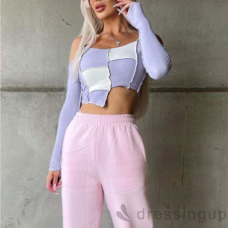 Đầm Tay Dài Hở Vai Màu Tương Phản Thời Trang Cho Nữ