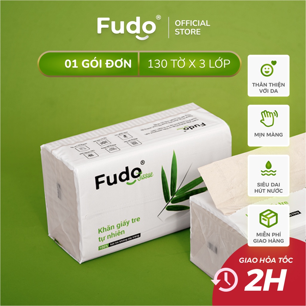 Khăn giấy rút cao cấp FUDO - 3 lớp giấy ăn mềm mịn từ bột tre nguyên chất - 1 gói đơn 130 tờ