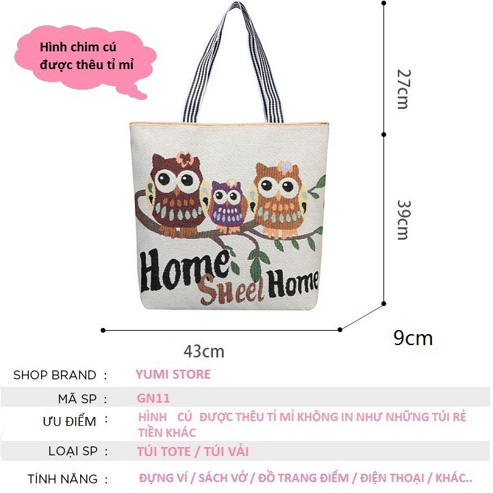 Túi Tote Vải Canvas Thêu Hình Chim Cú Mèo Cute Thời Trang Đeo Chéo GN11-IV