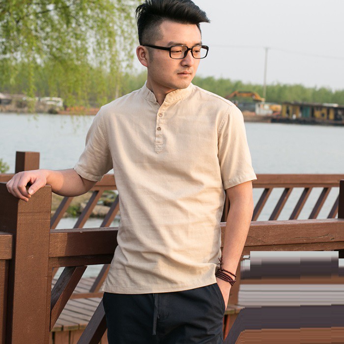 Áo sơ mi nam cộc tay cổ tầu chất thô, thời trang xuân hè 2021