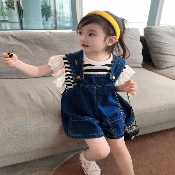 Bộ Áo Ngắn Tay + Quần Yếm Denim Thời Trang Mùa Hè Hàn Quốc Dành Cho Bé Gái