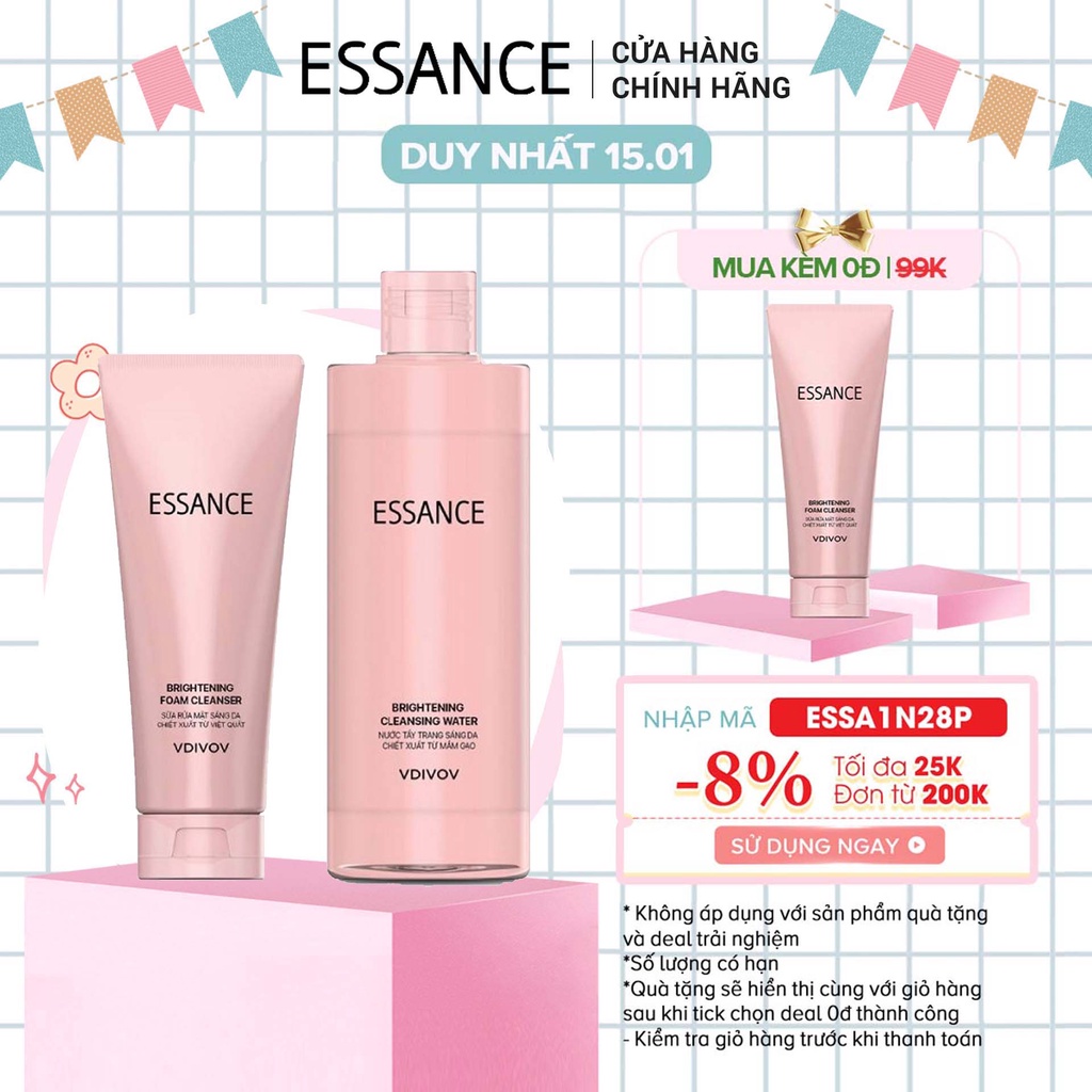 [Mã COSESS4 giảm 8%]Combo sáng da Sữa rửa mặt và Nước tẩy trang Essance Brightening