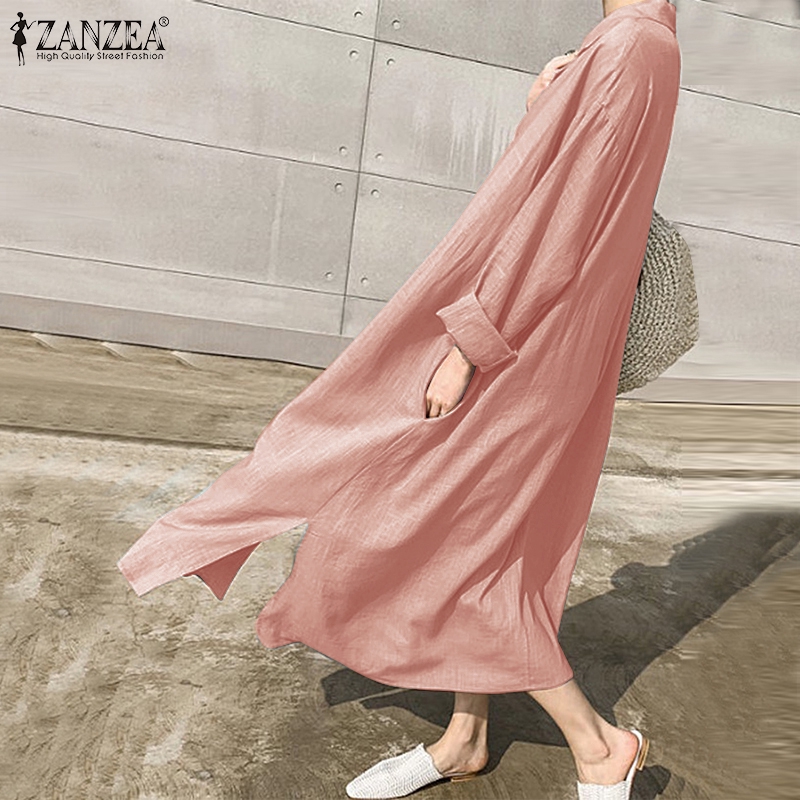 ZANZEA Đầm maxi bằng cotton dài đính nút trước thời trang mùa thu cho nữ | BigBuy360 - bigbuy360.vn