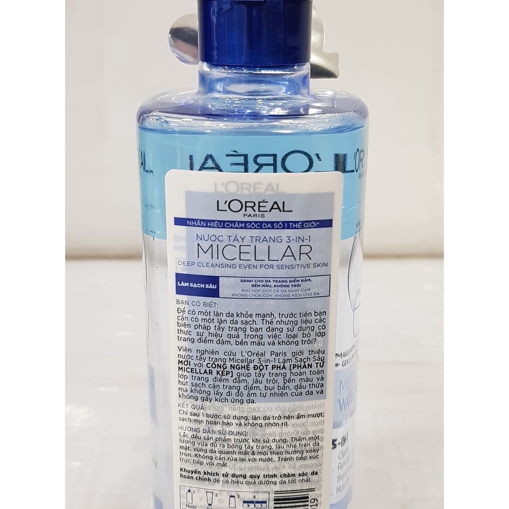 Nước tẩy trang L'oreal micellar water 3 in 1 refreshing cho da dầu, da nhạy cảm, chính hãng 400ml