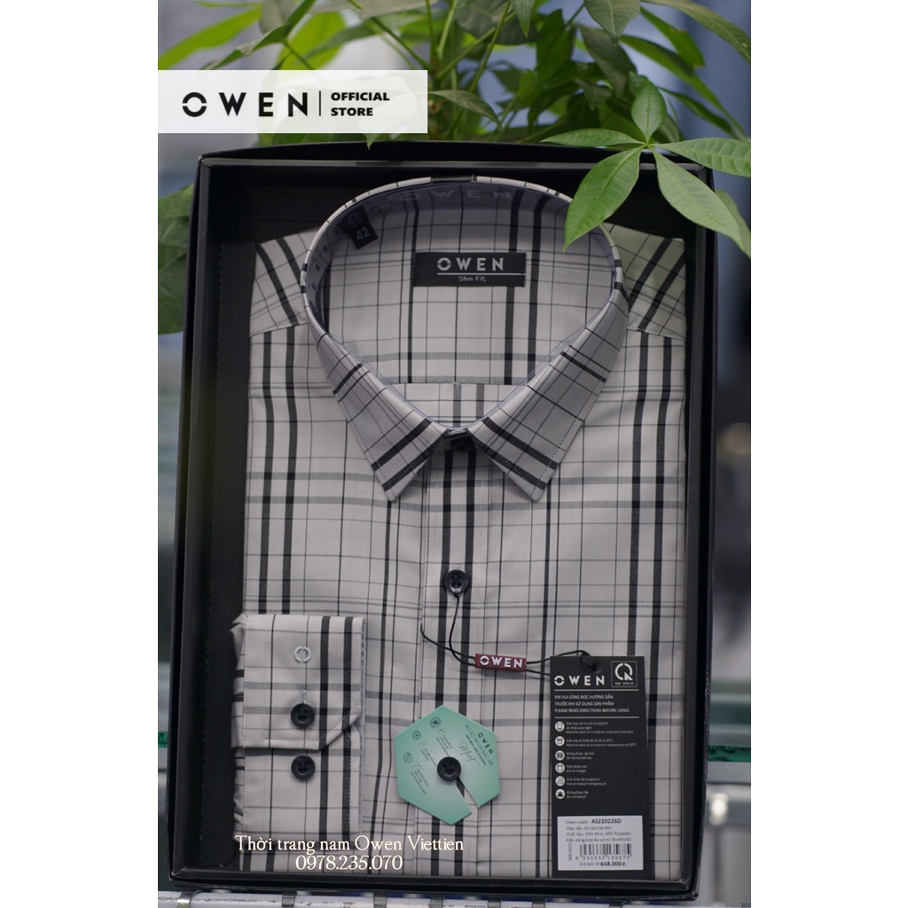 OWEN - Áo Sơ mi dài tay nam Owen chất Bạc hà dáng Slimfit kẻ Caro be đen 2022