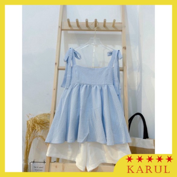 Set đồ nữ áo 2 dây kẻ xanh buộc nơ vai babydoll kèm quần đùi trắng, Set đồ nữ áo hai dây kẻ xanh mix quần shorts đũi