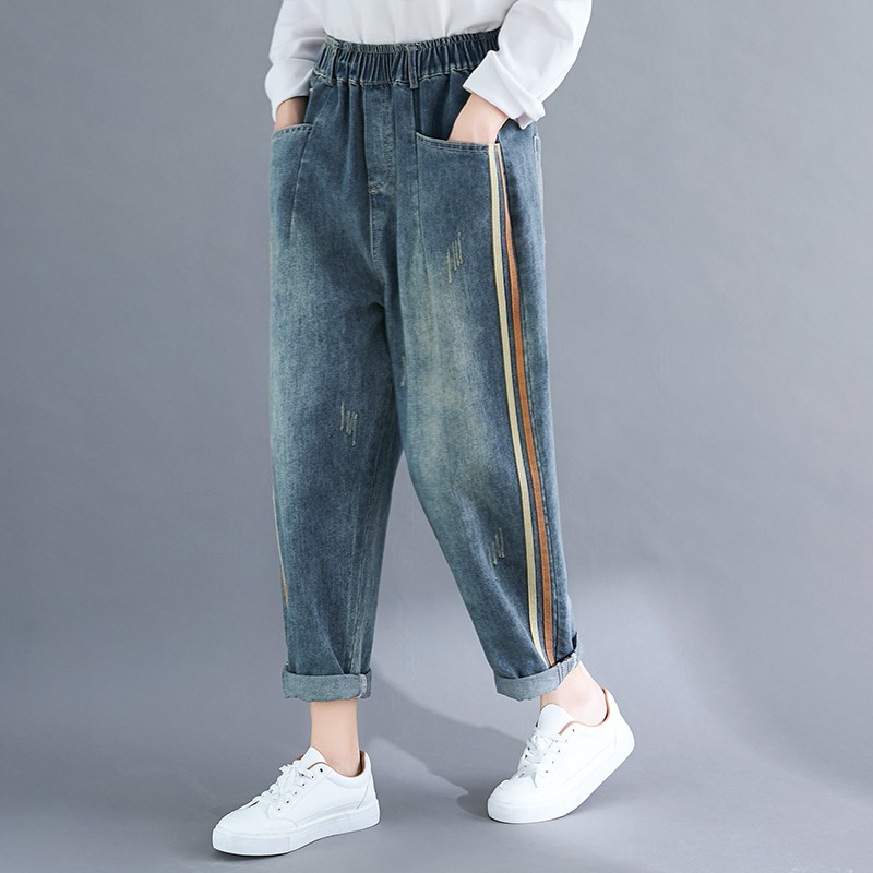 CÓ SẴN SIZE XL B133 Quần bò dáng suông cạp chun,sọc 2 bên thời trang