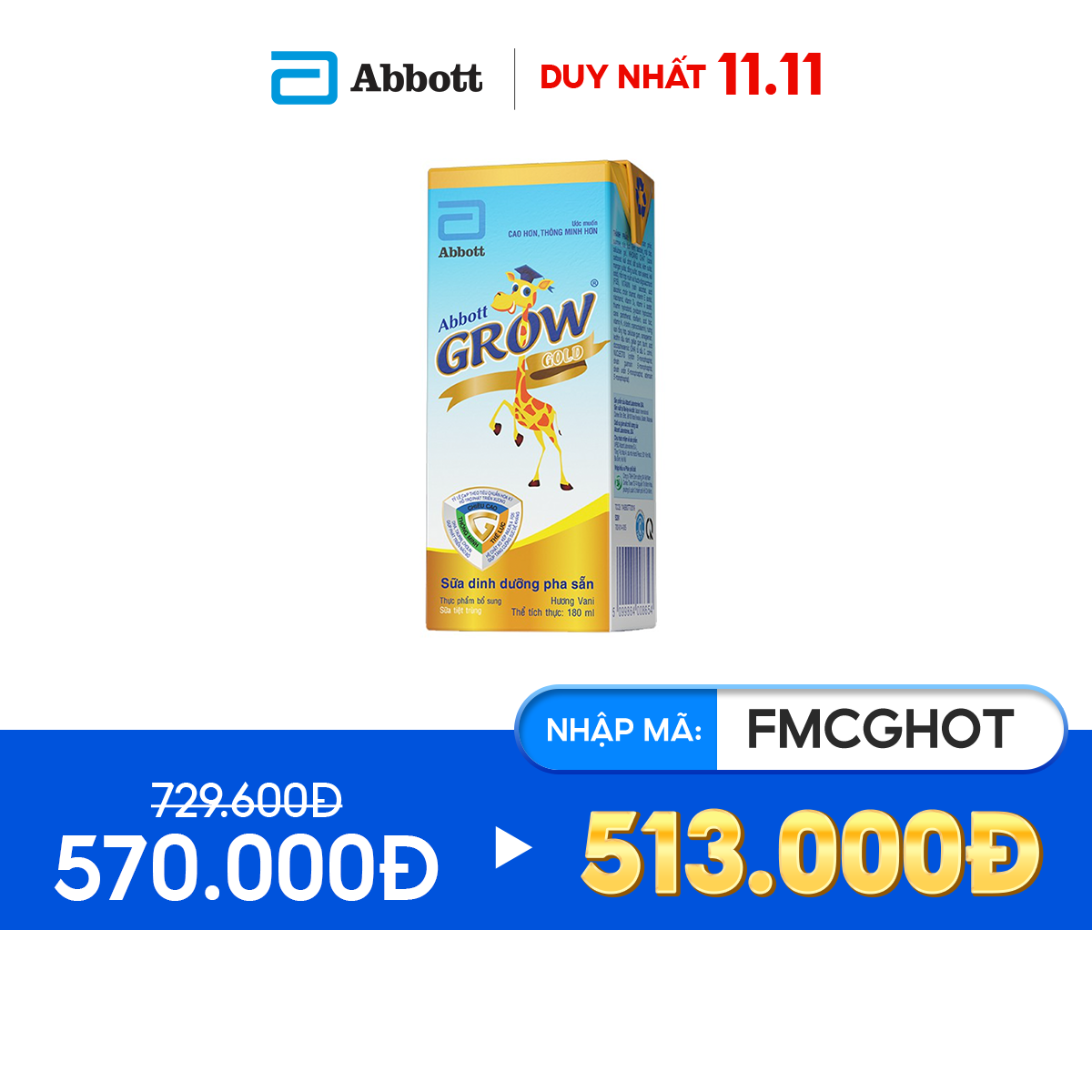 [Mã FMCGHOT -10% đơn 400K] Thùng 48 hộp Sữa nước Abbott Grow Gold 180ml/ hộp