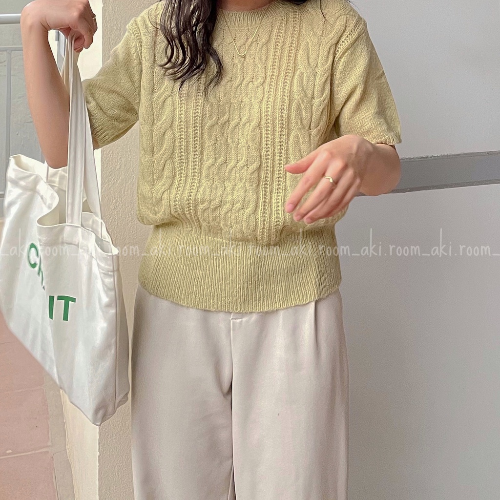 Áo len lông thừng mỏng cộc tay cổ tròn bo gấu dáng ngắn