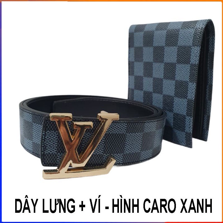 Dây thắt lưng , nịt lưng nam da kẻ caro xanh xám mặt khoá hợp kim vàng [ TẶNG VÍ DA THỜI TRANG ]