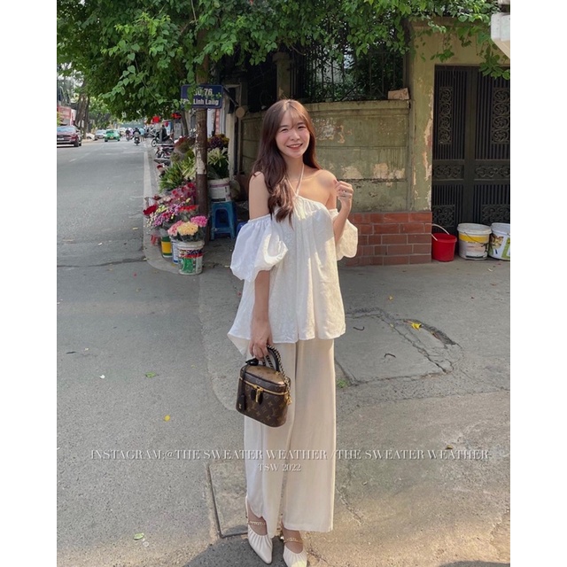 Áo trễ vai hoa nổi tay phồng mặc 2 kiểu the.sweaterweather TSW (Ảnh thật) | BigBuy360 - bigbuy360.vn