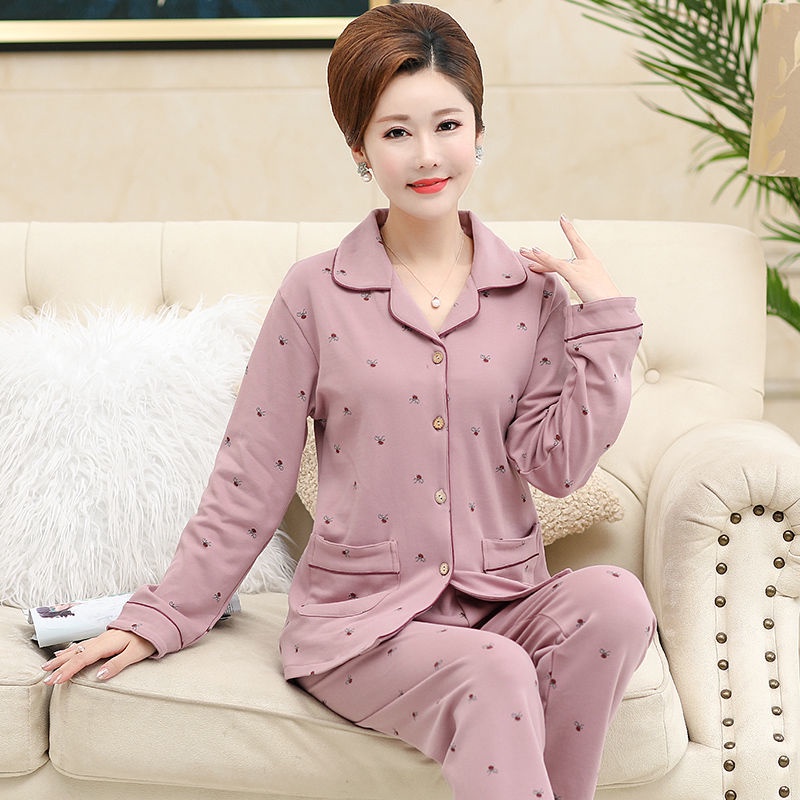 Bộ đồ ngủ cotton tinh khiết trung bình dành cho phụ nữ dài tay cộng với size áo len cardigan phù hợp người niên và già p