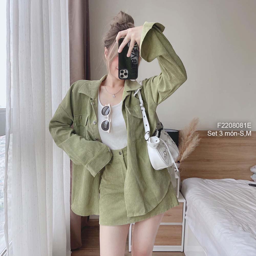Set 3 món áo khoác sơ mi nhung tăm tay dài áo trắng sát nách kèm chân váy ngắn có lót quần trong!