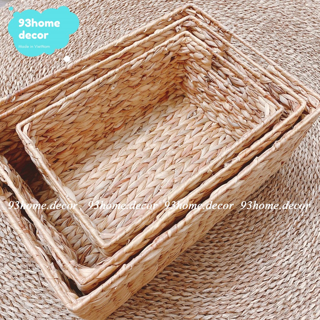 Khay lục bình, bèo hình chữ nhật đan thủ công handmade, giỏ bèo hình chữ nhật giỏ lục bình đựng đồ đa năng