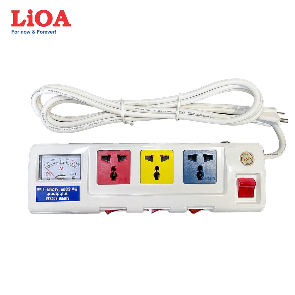 Ổ cắm điện công suất lớn, đo công suất, cao cấp, LIOA, 3 ổ cắm, 3 công tắc, 3OFSSA2.5-2