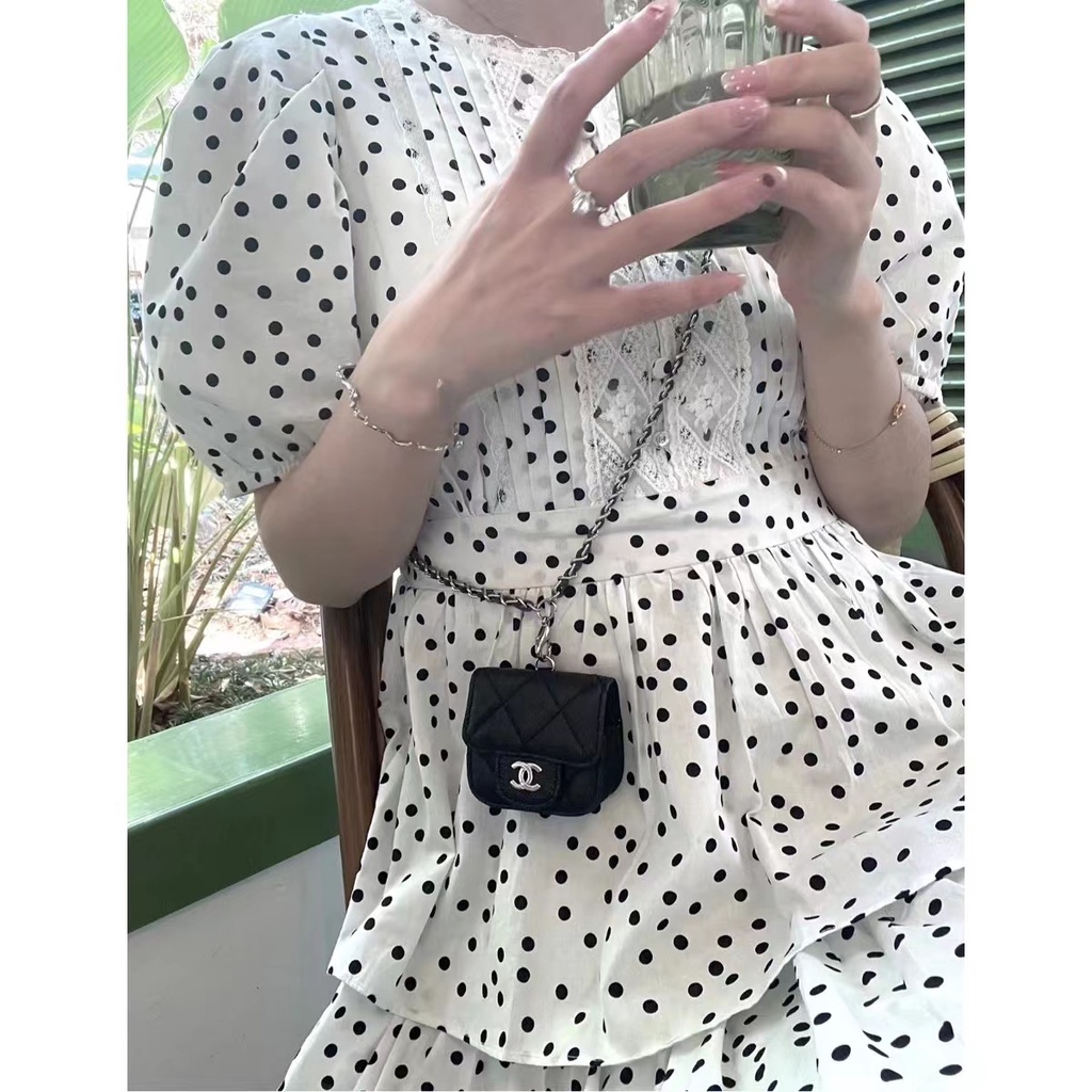 Đầm Tay Ngắn 2022 Họa Tiết Chấm Bi Đen Trắng Thời Trang Xuân Hè Cho Nữ