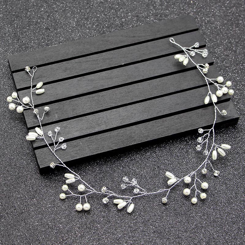 Băng đô dài 50Cm đính pha lê và ngọc trai bện hoa xinh xắn dành cho cô dâu