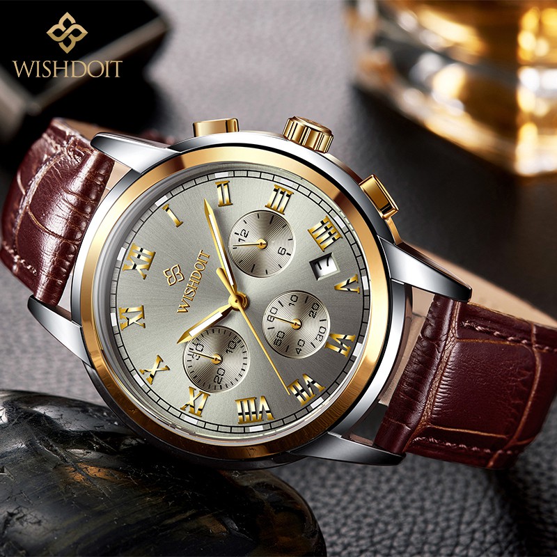 【Official product】WISHDOIT Business casual watch Simple atmosphere Multifunction Three-eye chronograph Sports waterproof swim watches Leather Popular watches Calendar function Quartz watch Student watch Couple watch.