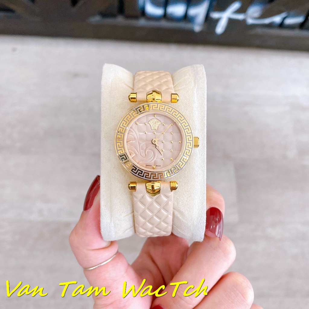 Đồng hồ nữ Versace mini vanitas 30mm máy Swiss quartz, mẫu mặt tròn 2 màu viền vàng, họa tiết mặt trùng họa tiết dây da