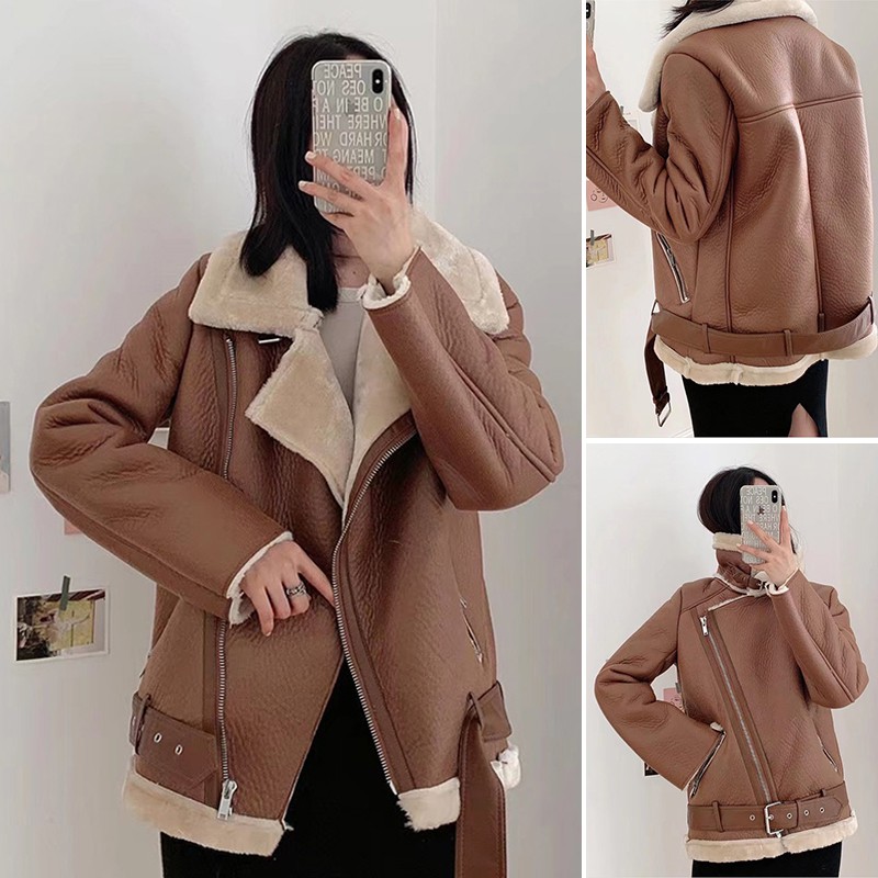ÁO KHOÁC BIKER JACKET DA NỮ LÓT LÔNG MÀU NÂU - 2969/069