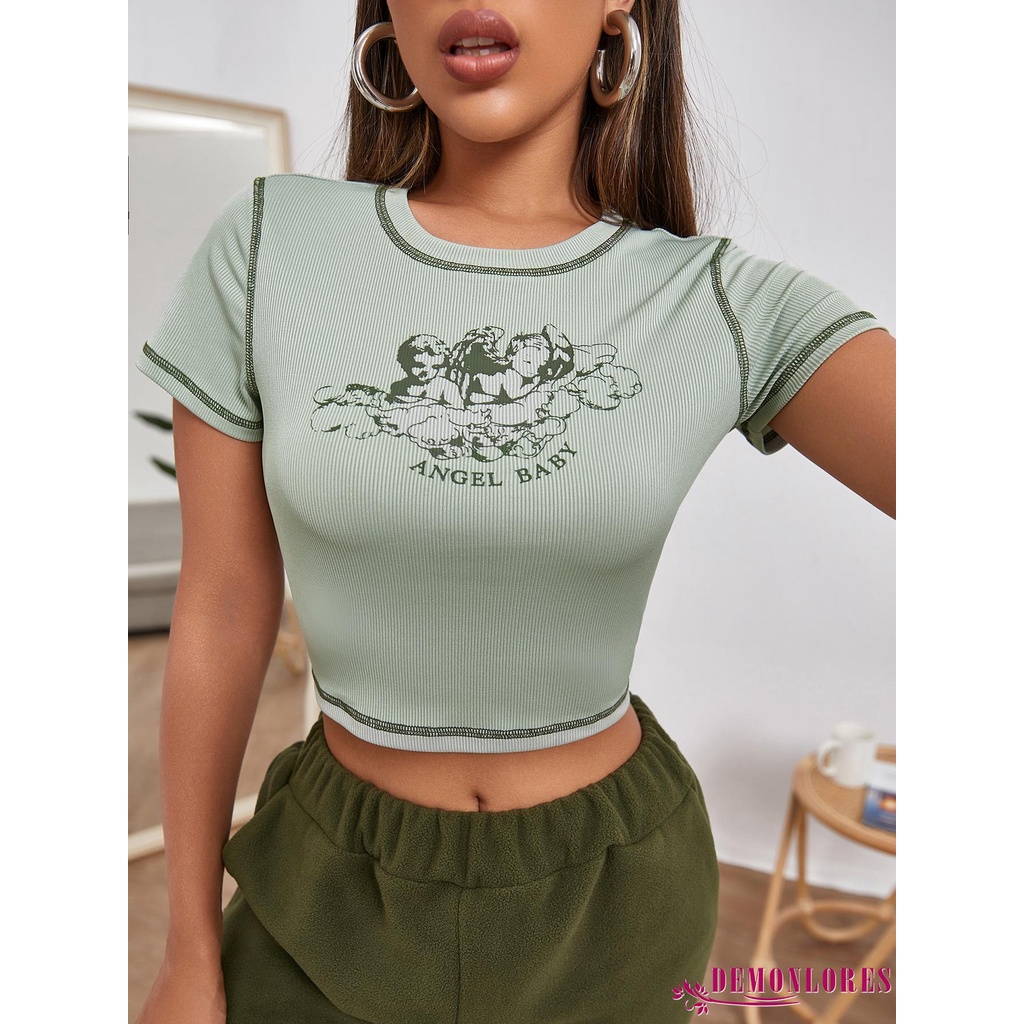 Áo croptop ngắn tay cổ tròn phối đường chỉ may màu tương phản và họa tiết thiên thần nhỏ sành điệu cho nữ