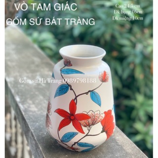 Lọ hoa dáng vò tam giác cao 24,5cm  gốm sứ Bát Tràng cao cấp vẽ hoa dây đỏ