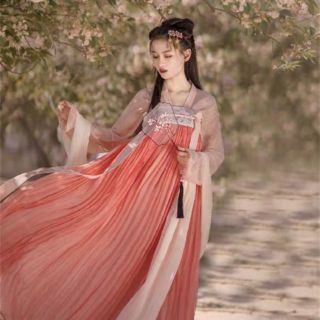 Hán phục cam thêu sen+quạt xòe đỏ+tặng búi