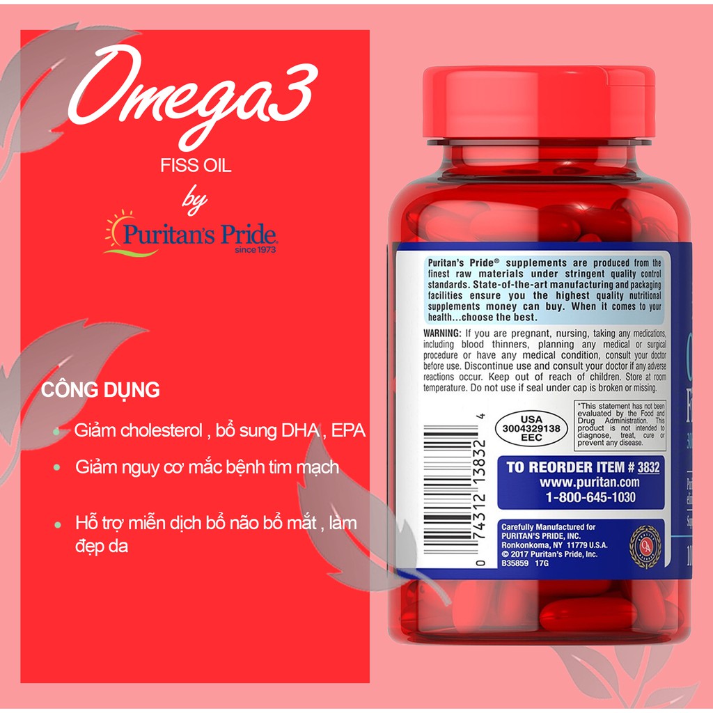 [Puritan's Pride] Dầu cá Omega 3 fish oil 1000mg