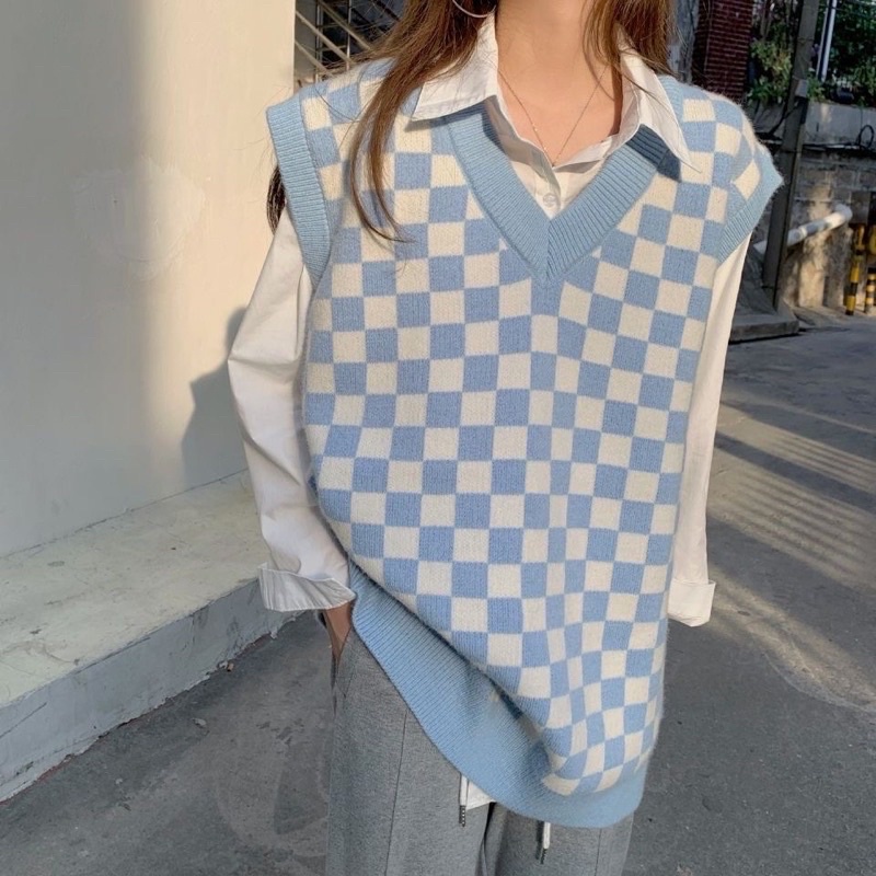 Áo ghi lê kẻ caro dệt kim thời trang retro phong cách Hàn Quốc