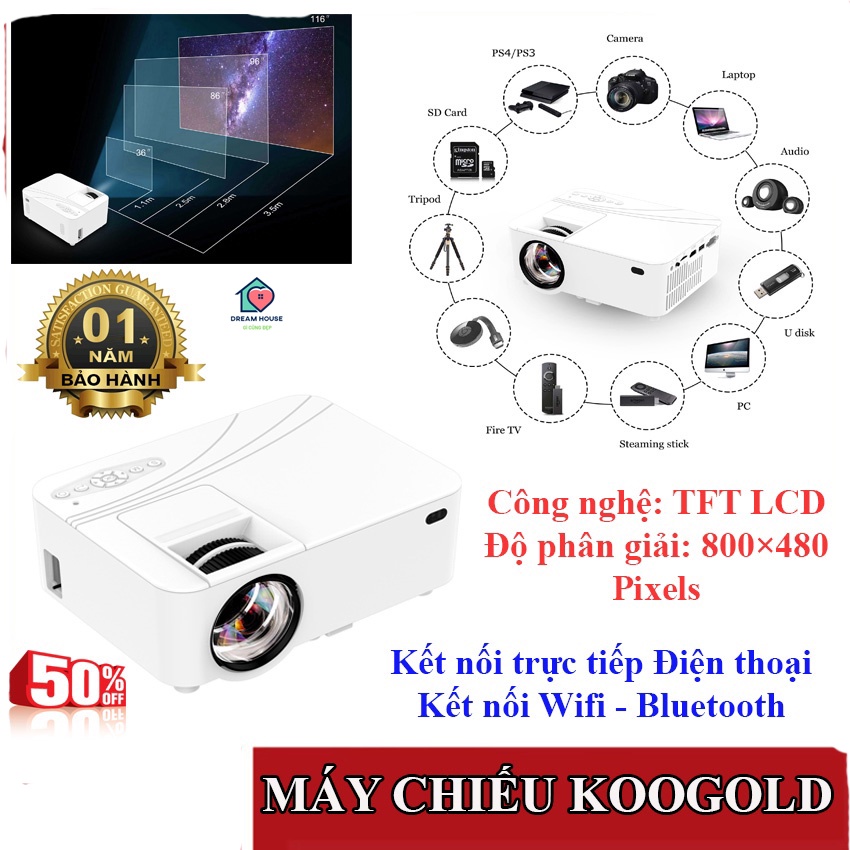 Máy Chiếu Koogold HD, Máy chiếu mini Mang Cả Thế Giới Phim Trong Tay Bạn Bảo Hành sản phẩm 12 tháng lỗi 1 đổi 1