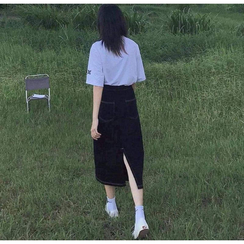 (Sẵn/Ảnh thật) Chân váy bò đen Ulzzang chỉ nổi phong cách Hàn Quốc. Chân váy Hàn Quốc cạp chun xẻ tà | BigBuy360 - bigbuy360.vn