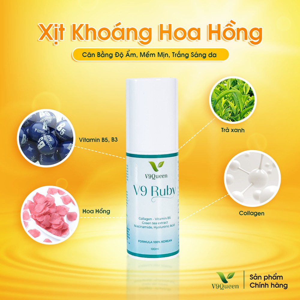 Nước Xịt Khoáng Hoa Hồng - Cân Bằng Độ Ẩm, Dưỡng Da Mềm Mịn, Trắng Sáng Tự Nhiên V9Queen