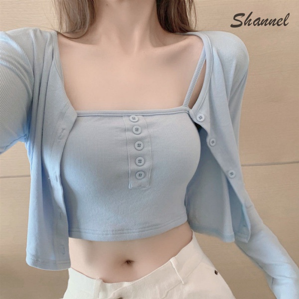 Bộ Áo cardigan Tay Dài + Áo Khoác cardigan Chống Nắng Thời Trang Hàn Quốc Gợi Cảm