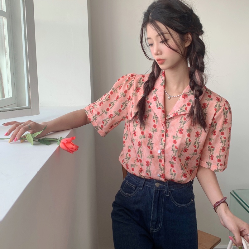 Áo sơ mi SUXI ngắn tay họa tiết hoa vintage cho nữ